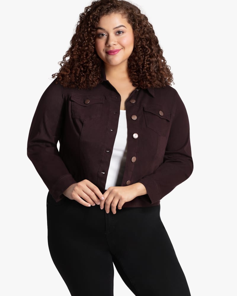 Front of plus size Kerry Supersoft Denim Jacket by Molly&Isadora | Dia&Co | dia_product_style_image_id:155613